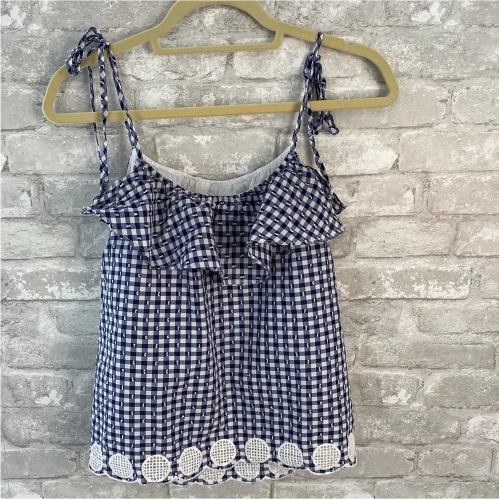 J.Crew Gingham Plaid Ruffle Tie Shoulder Top